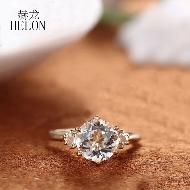 

HELON Solid 10K Yellow Gold Prong Setting Round Flawless Genuine Natural White Topaz Engagement Wedding Ring For Women Best Gift