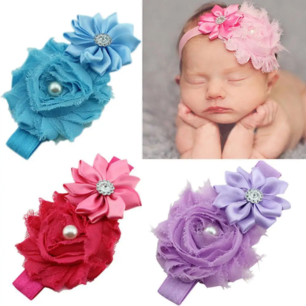 

30% Dropshipping Hot Kids Baby Faux Pearl Rhinestones Stretchy Cloth Ribbon Flower Headband Hair Band