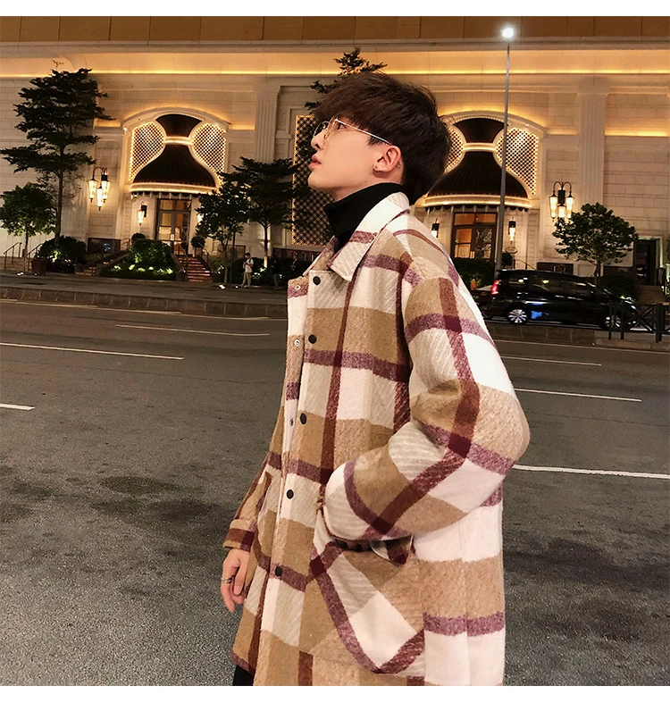 Fashion Mens woolen coat Red Khaki Loose plaid jacket Autumn Spring Winter