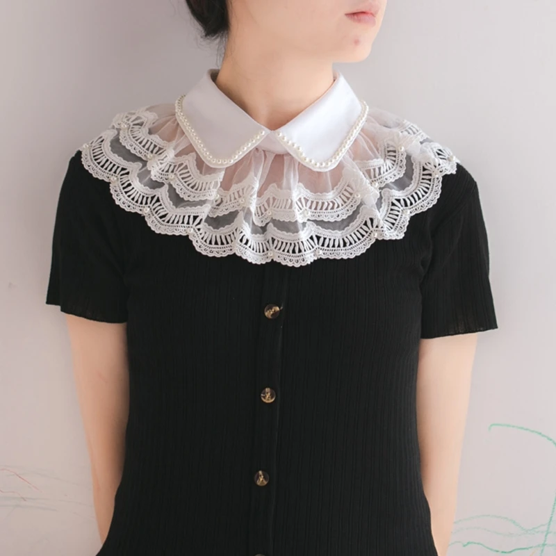 

Women Layered Pleated Lace Fake Collar Shawl Vintage Pearl Beading Lapel Half Shirt Blouse Decorative Necklace Poncho