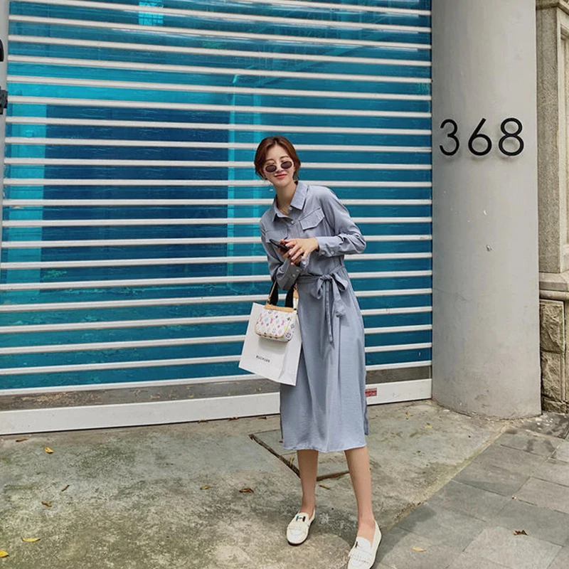 

Elegant Vintage Pockets Design Women's Cotton Shirt Dress 2021 Summer High Waist Frenulum A-Line Long Dress Ladies Office Dress
