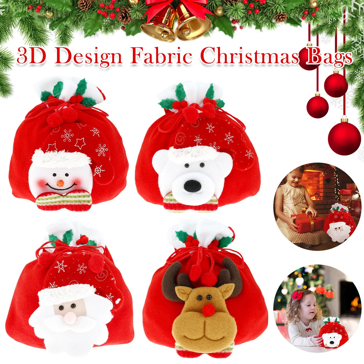 

Cute Christmas Drawstring Bags Soft Fabrics Christmas Candy Bag With Drawing Rope Reusable Christmas Gift Bag Candy Storage Bag