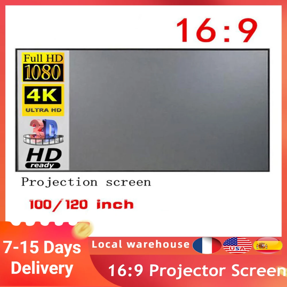 

Складной светоотражающий проектор HD с экраном 16:9, диагональ 100/120 дюймов, с защитой от складок, DLP светодиодный