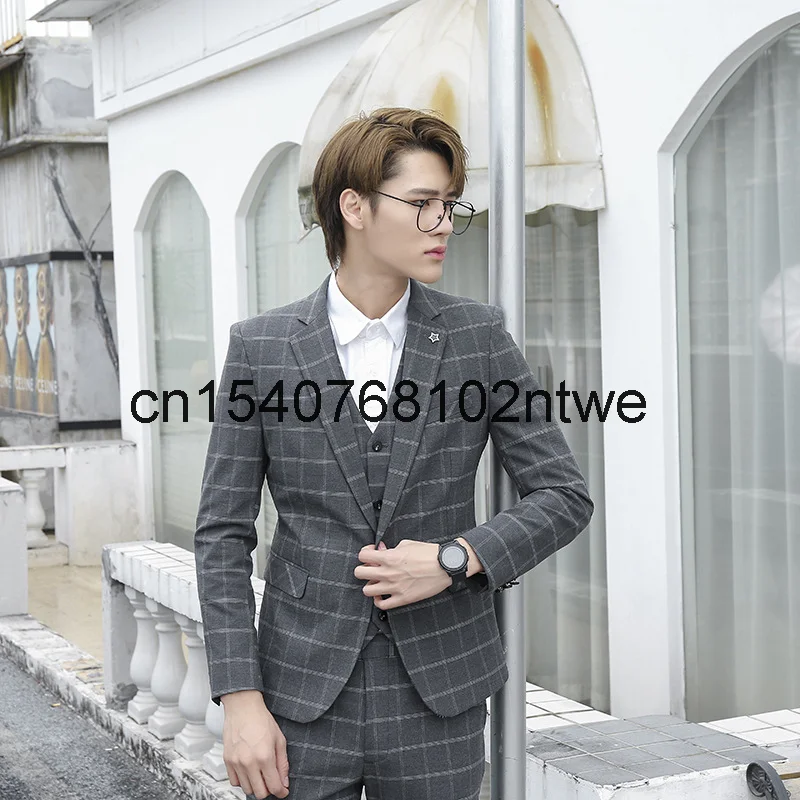 

Клетчатый костюм мужской Корейский костюм-тройка красивый британский стиль тонкий эластичный костюм мужской комплект
