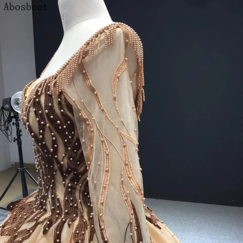 DD JYOY Luxury Ball Gown Evening Dress Long Sleeve Pearls Beading Elegant Prom Party Women Gown Lace Up Brown