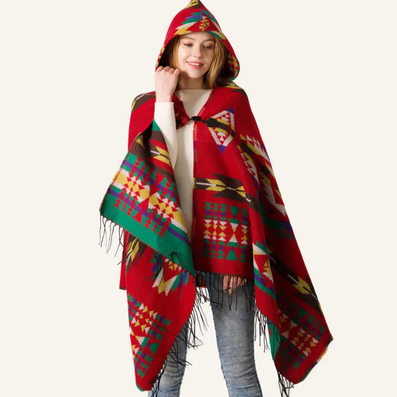 Винтажное женское пончо с капюшоном и накидки шарфы Boho накидка кисточками теплое