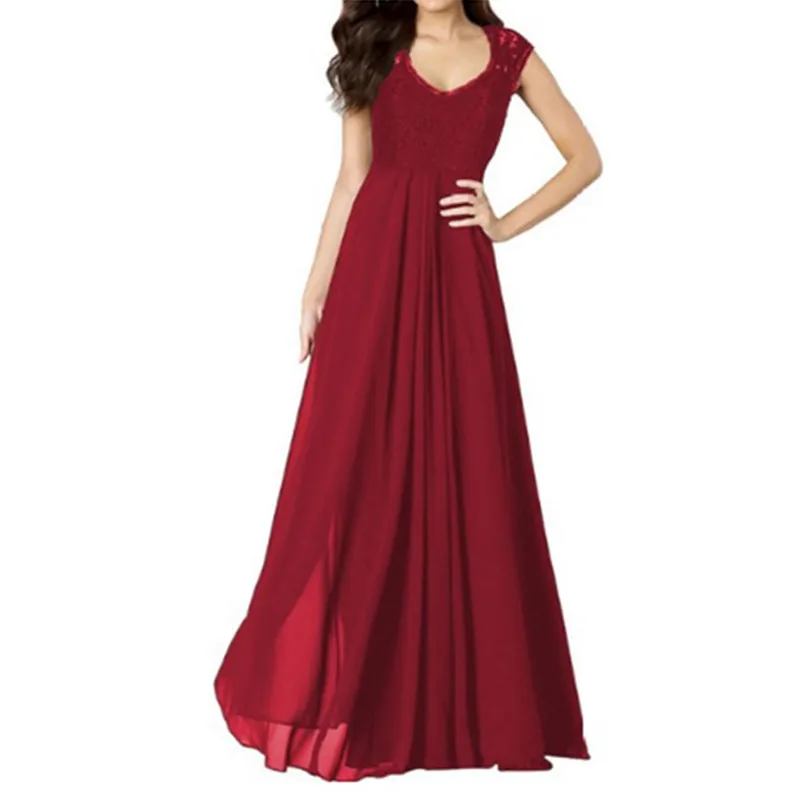 

Dress Women 2019 Long Summer Dresses Lace-paneled Chiffon Sleeveless Solid Color Dress For Casual Evening Prom Party