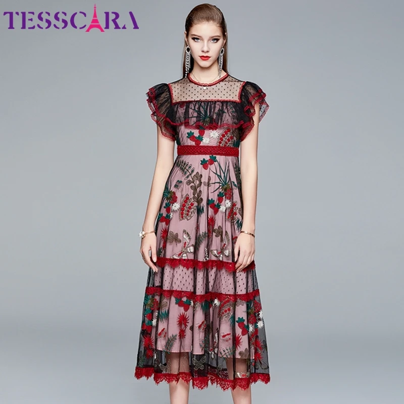 Женское роскошное Сетчатое платье TESSCARA с вышивкой высококачественное
