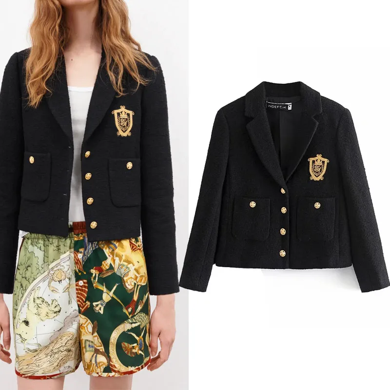 

Za 2021 черный Твид текстурированный укороченный пиджак Женская на весенний сезон с вышивкой и длинными рукавами, куртка женская Повседневное...