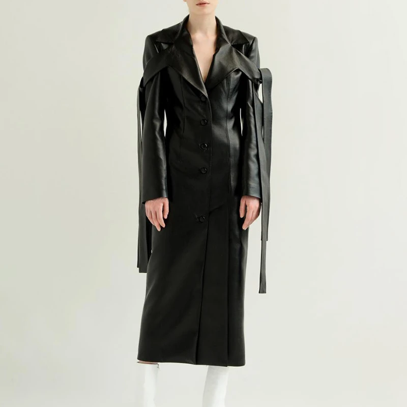 Женское пальто из искусственной кожи в стиле Одри Хепберн Длинная Куртка 2019