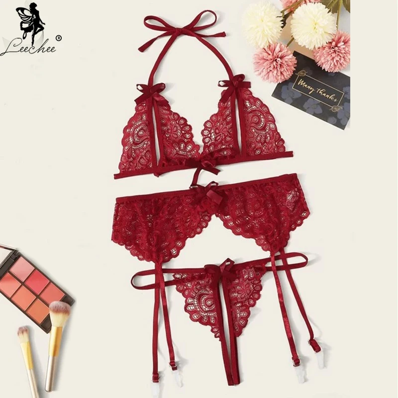

Leechee New Sexy Lingerie set 3pcs Women's underwear Hollow Out Brassiere+Garter+Thong Three-Point Suits Bow Transparent Bra set