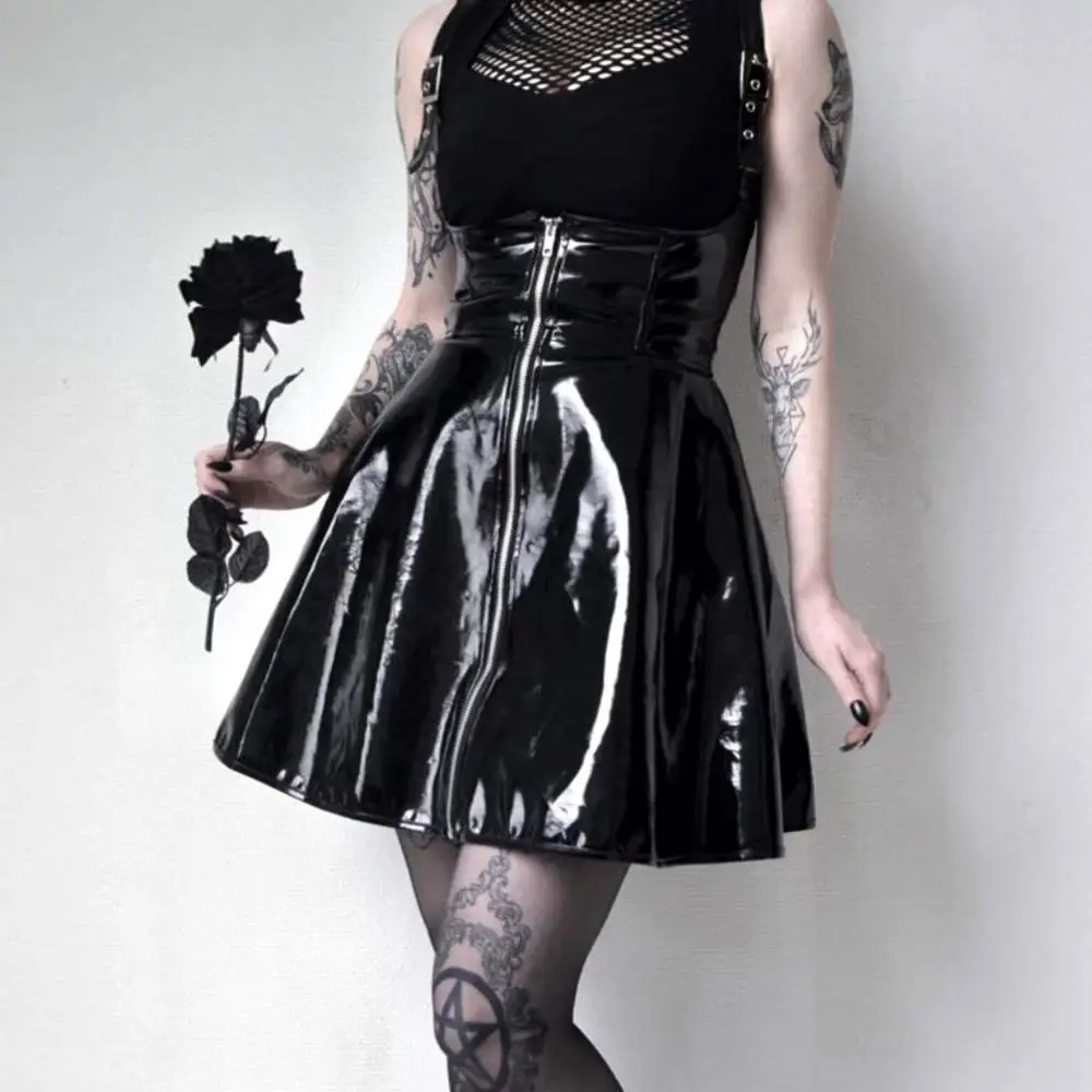 

Винтажная Женская юбка Goth Dark, кожаная черная плиссированная облегающая пикантная юбка на молнии с завышенной талией, Короткие мини-юбки для...