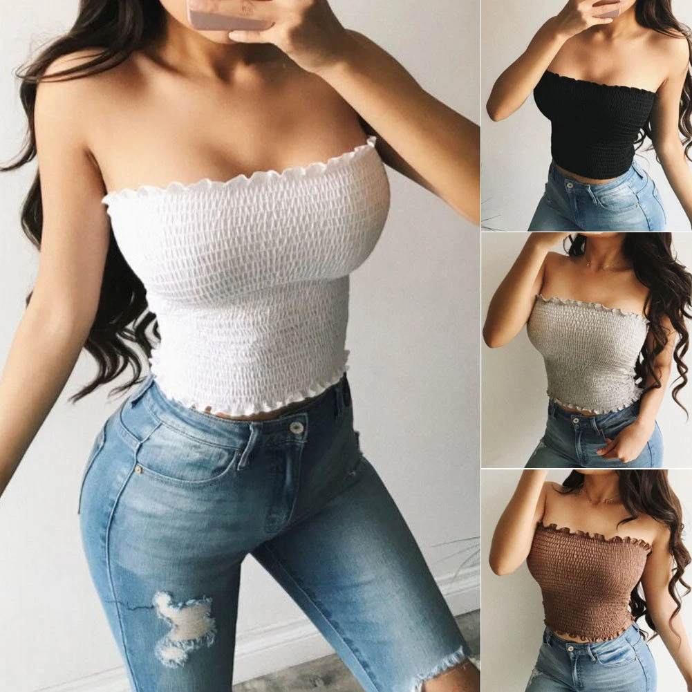 

Summer Ruched Tube Tops Women Casual Sleeveless Tank Tops Strapless Camisole Solid Color Fungus Lace Vest