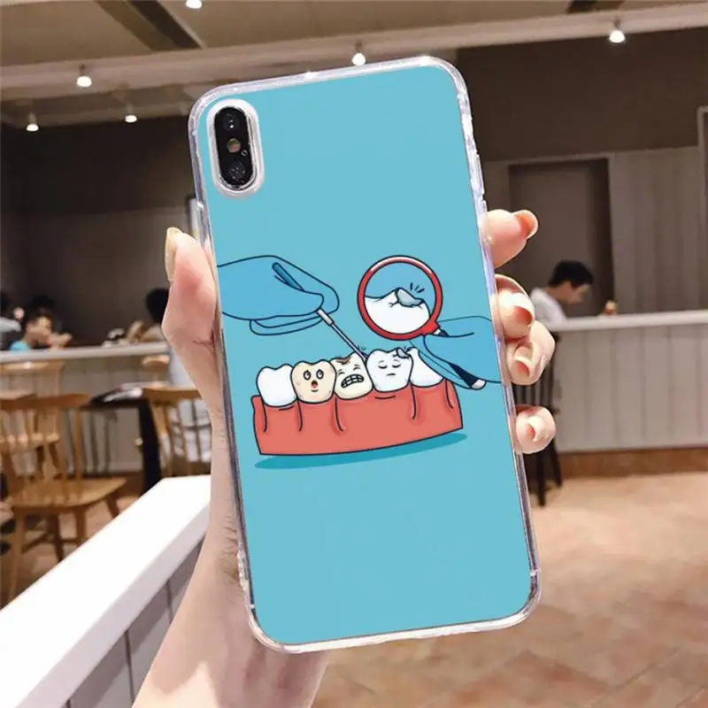 

Cartoon dental implant Dentist Teeth Phone Case Transparent soft For iphone 5 5s 5c se 6 6s 7 8 11 12 plus mini x xs xr pro max