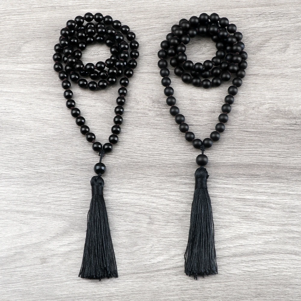 

Black Onyx Stone Necklaces 6/8mm Shiny&Matte Beaded Knotted Necklace for Women Men Yoga Long Tassel Necklaces Meditation Jewelry