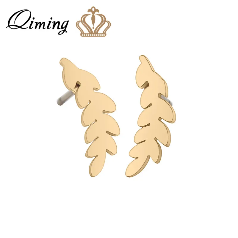 QIMING золотые минималистичные серьги с листьями из нержавеющей стали