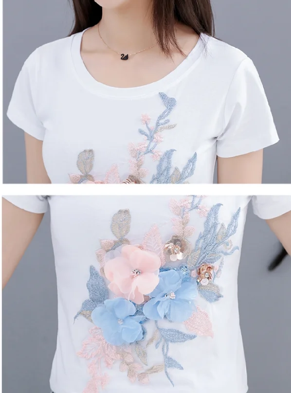 Camiseta de flores para mujer, camisetas de moda de verano, camisetas ajustadas de algodón para chicas y estudiantes 2021