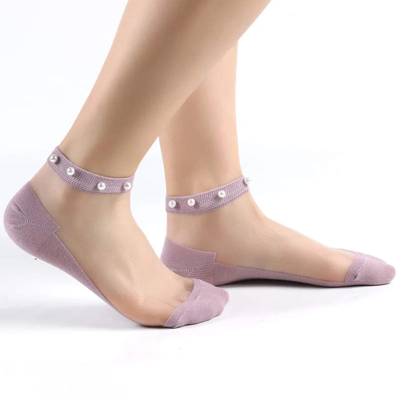 5 Pairs/Lot Summer Women Transparent Glass Silk Pearl  Thin Socks Female Japanese Harajuku Rainbow Cotton Bottom Crystal Meias