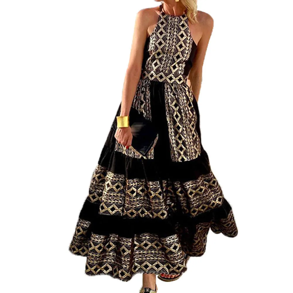 

Europe America Explosion 2021 Summer New Printing Bohemia Fashion High Waist Loose Printing Backless Strapless Women's Dress