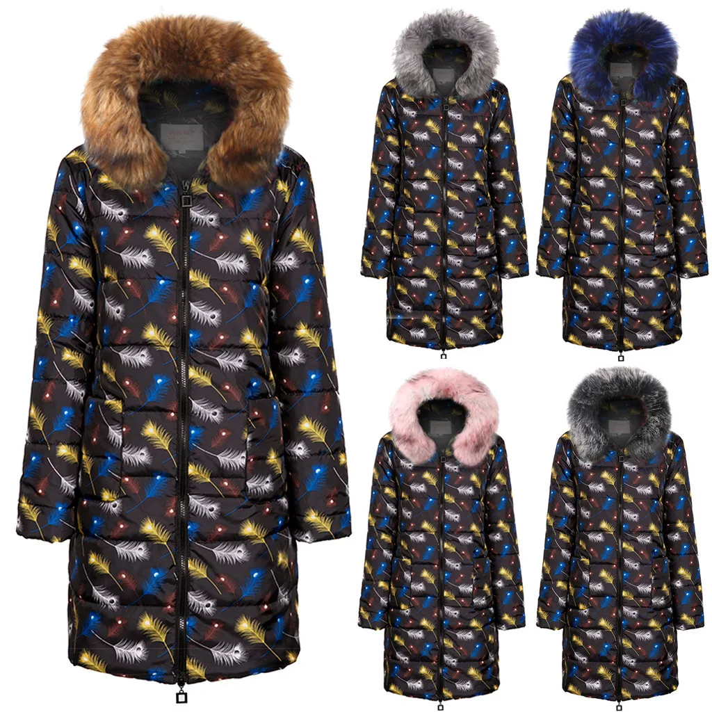 Женское пальто с цветочным узором длинное хлопковое капюшоном ветрозащитная