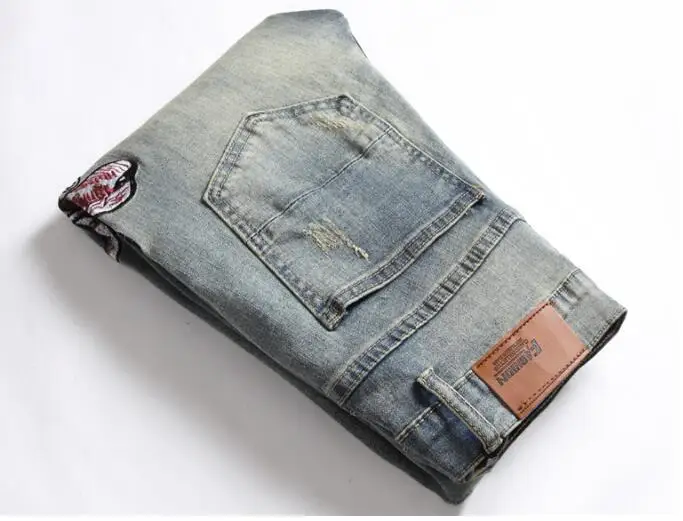 Mens Jeans Fashion Trendy Ripped Hole Slim Fit Stretch Embroidery Cobra Men Jeans Skinny Trendy Pants