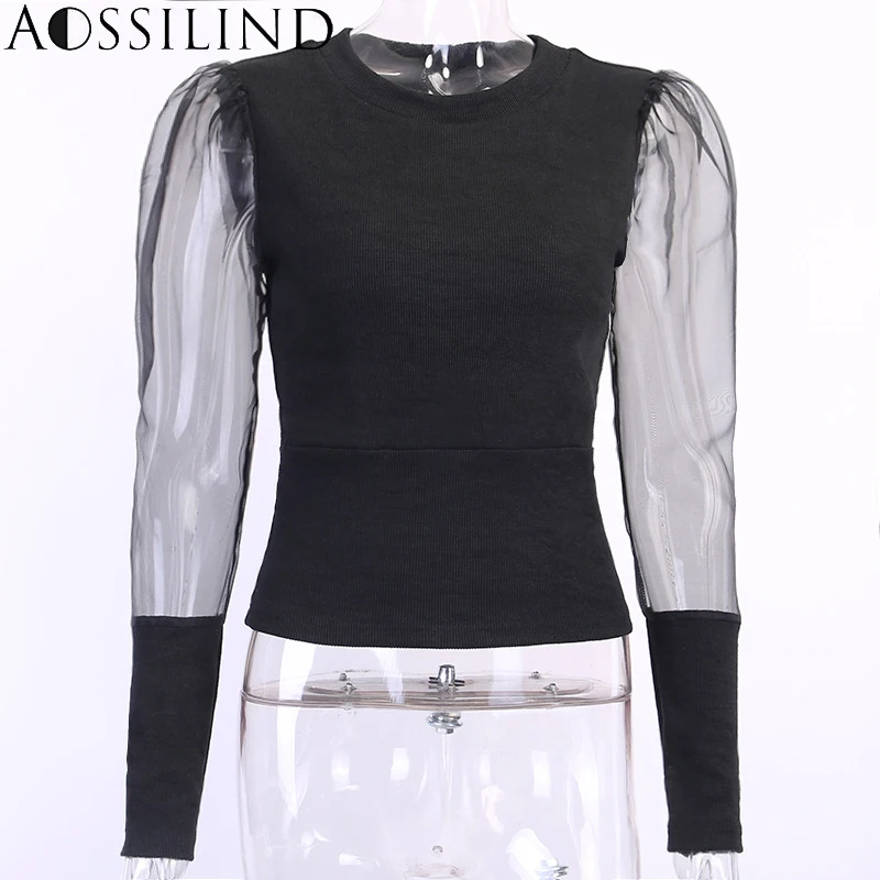 

AOSSILIND Sexy Puff Sleeve Knitted T shirt Women 2019 Autumn White Long Sleeve Tops Casual Short T-shirts
