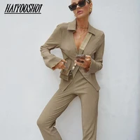 turn down collar sexy deep v long sleeve button pant suits ladies elastic waist slit khaki set woman 2 pieces high street