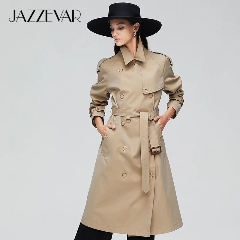 JAZZEVAR Новое поступление осенний плащ женская свободная одежда верхняя одежда высокое качество двубортное женское длинное пальто дизайнерское 9024-1