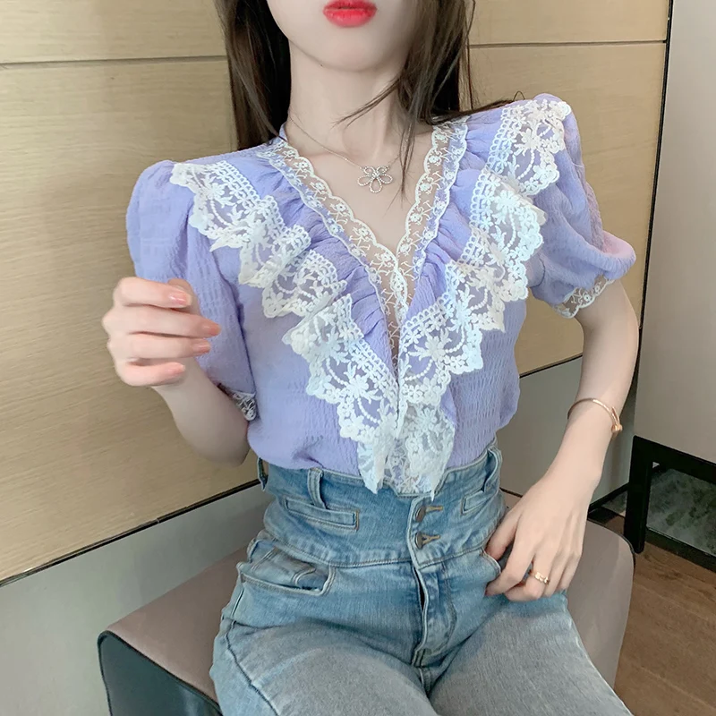 

Ladies blouses V-neck Lace Ruffle chiffon shirt Women's Shirts blouse blusas femininas 2021 New Summer Short sleeve 30600J