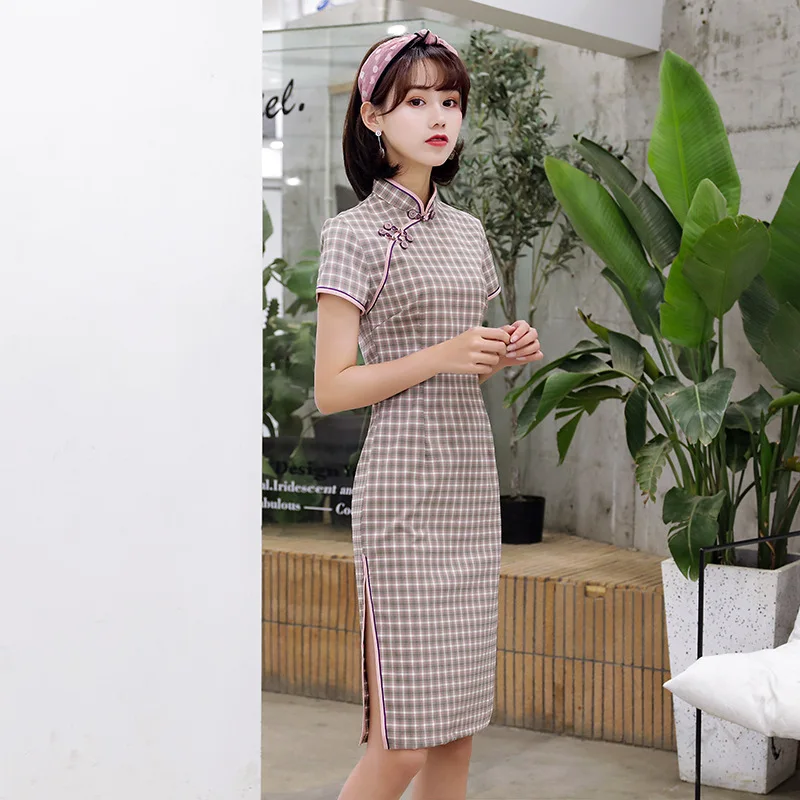 

Spring New Cotton and Linen Plaid Daily Adult Girl Plaid Improved Version Cheongsam Dress Wholesale B449