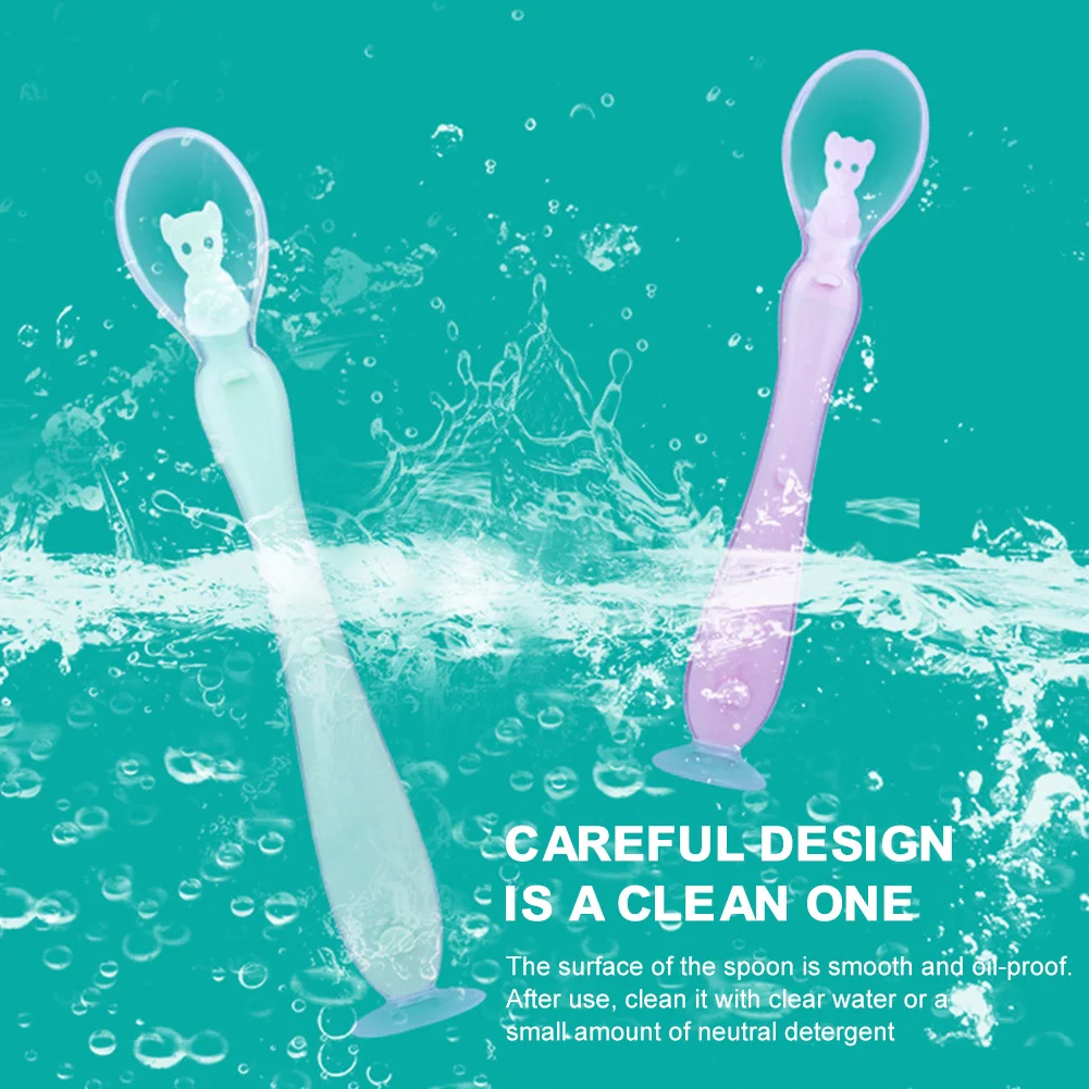 

Baby Infant Spoon Soft Silicone TrainingTableware Teether BPA Free Gum Friendly Silicone Utensils Long Handle with Suction Cup