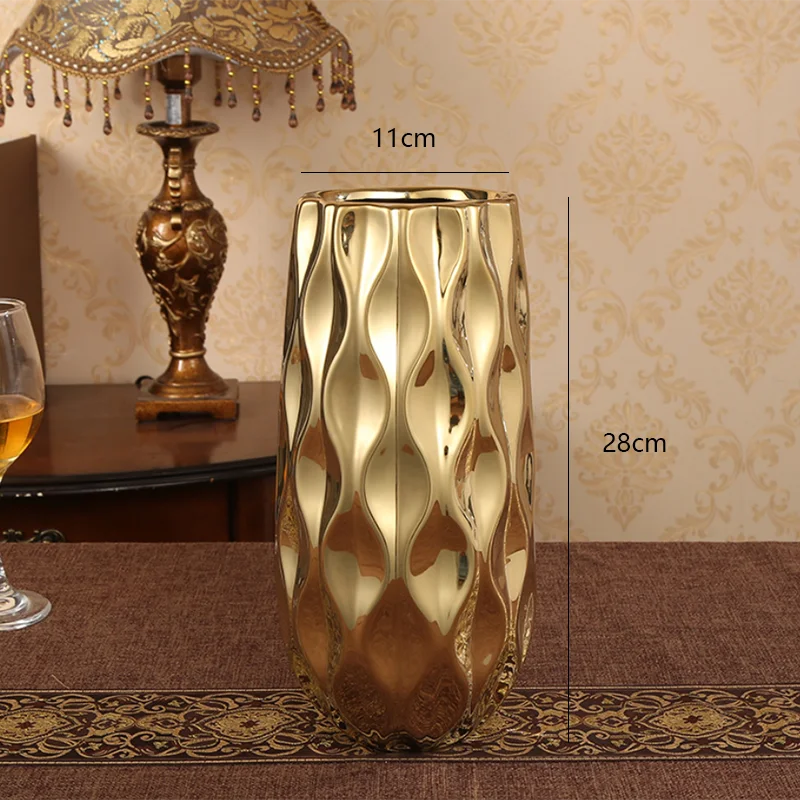 Керамическая ваза в скандинавском стиле Золотая с большим горлышком для цветов