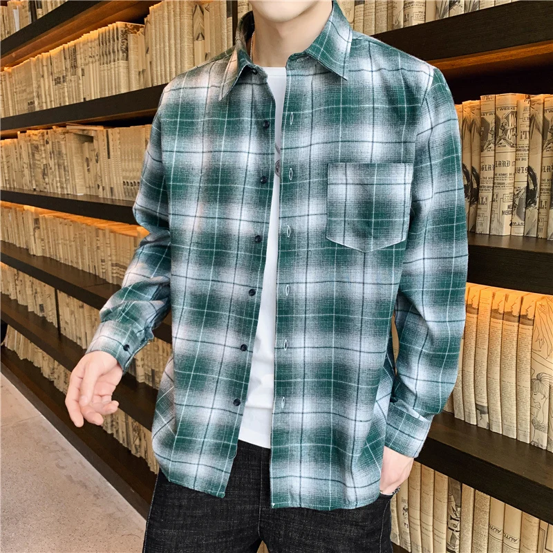 

2020 new Red Plaid Casual Shirt Men Military Style Fashion Autumn Long Sleeve Blouse Male Streetwear Korean Japanese Shirts