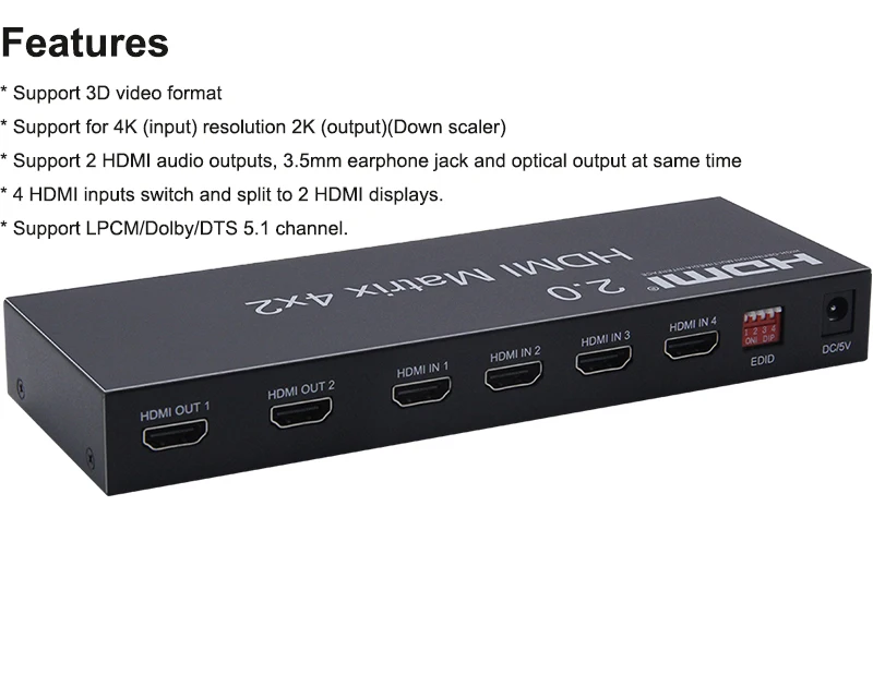 4K HDMI 2,0 матричный 4X2 HDMI 4X2 матричный с Аудио HDMI 2X2 матричный HDMI 4 in 2 out матричный коммутатор разветвитель 4K 60HZ HDCP 2,2