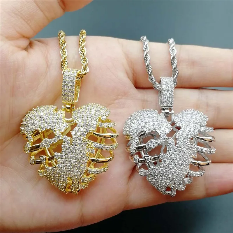 

Hip Hop 3D Hollow Heartbreaking Pendant Necklace Pave Bling Cubic Zirconia Heart Jewelry Iced Out Rapper Jewelry Gift
