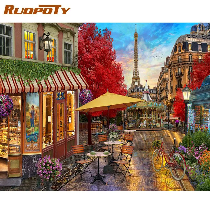

RUOPOTY Diy картина по номерам парижском уличном акрил Холст Картина Пейзаж Современные настенные картины Diy подарок 60x75cm