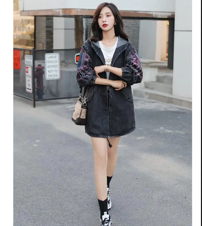 

Женская джинсовая куртка с капюшоном, с вышивкой, средней длины, большие размеры 5XL, весна-осень 2021