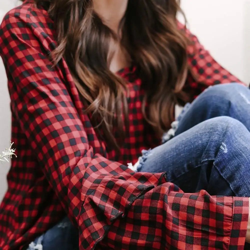 Женская рубашка модная блузка с V образным вырезом длинными рукавами клетчатый