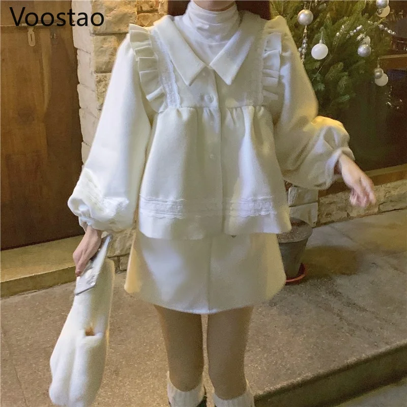 Женский комплект из 2 предметов шерстяной юбки и топа с оборками высокой талией в