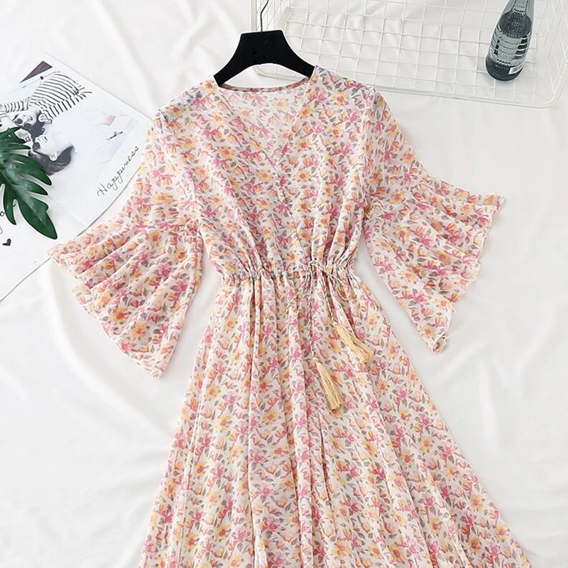 Женское шифоновое платье с цветочным принтом летнее трапециевидной формы