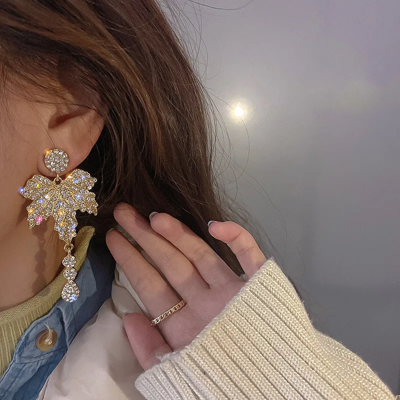 FYUAN висячие серьги с золотыми листьями и кристаллами для женщин длинные