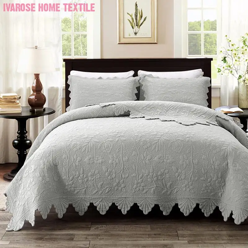 

Luxury Soft 100%Cotton Quilted Bedspread and 2 Pillow shams Bedding Set Chic Solid White Gray Color Serrated Bed Spread set