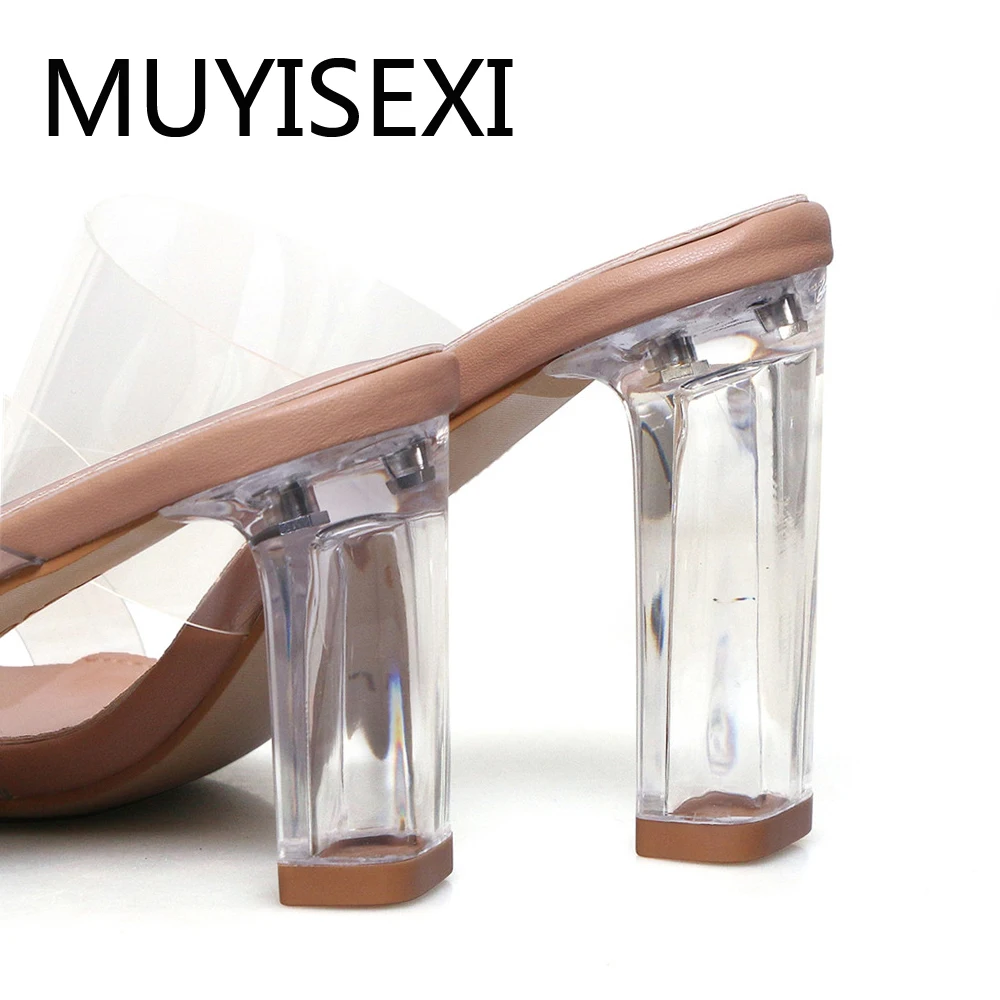 

Transparent heel PVC slipper peep toe crystal 7cm 9cm high heels slip on mules lady summer sandals sexy fashion MHU03 MUYISEXI