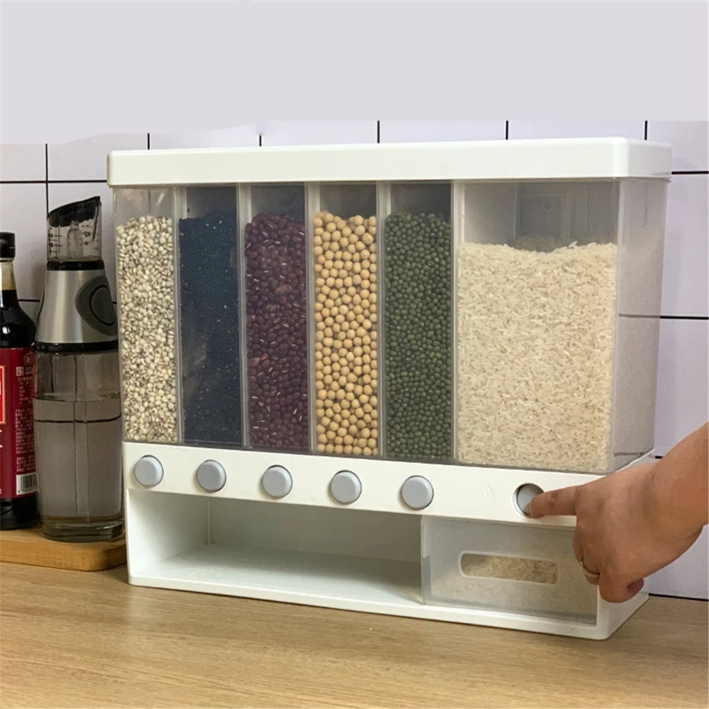 

Wall Mounted Food Dispenser,Whole Grains Rice Bucket,Large Capacity 6-Grid 37MF