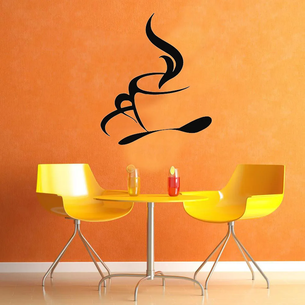 

Hot Coffee Tea Cup Spoon Kitchen Wall Decal Cafe Interior New Design Home Decor Waterproof Removable Wall Sticker Poster Vinyl