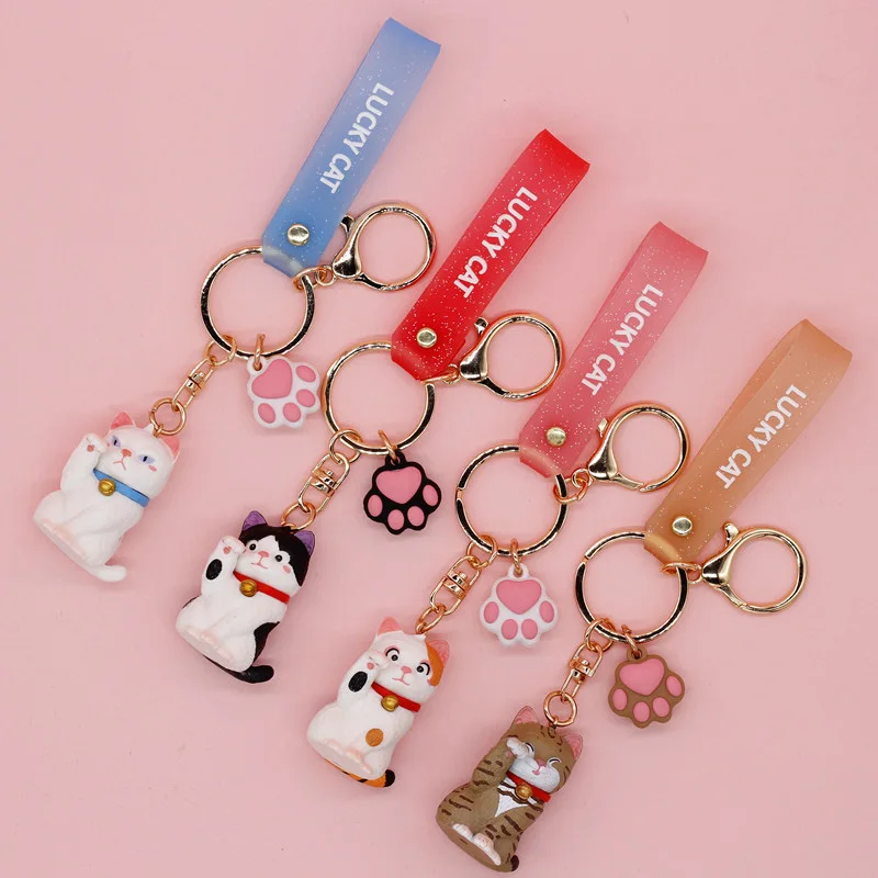 

Japanese Cute Little Kitten Cat Keychain for Women Fashion Letter LUCKY CAT pvc Wristband Key Chain Girlfriend Bag Jewelry Gift