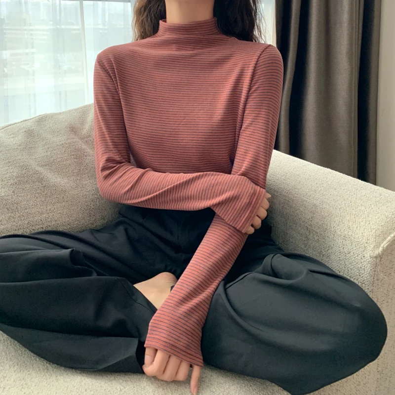 Женская бархатная футболка в полоску с длинным рукавом|Футболки| |