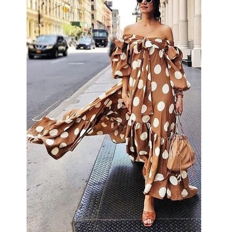 

Summer Dress 2021 NEW For Women Fashion Plus Size 2XL Polka Dot Printed Empire Cold Shoulder Lace Ruffle Bow Slash Neck Dress