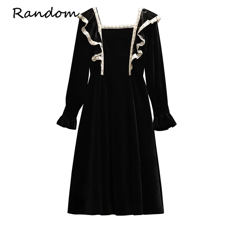 Женское винтажное бархатное платье элегантное черное до колена с кружевной