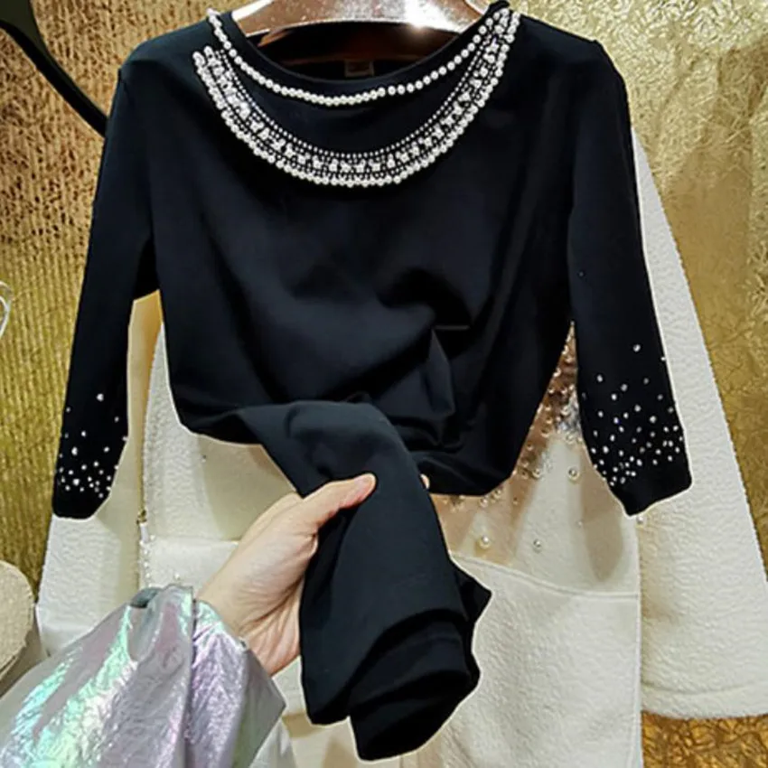 

Heavy work fashion beading Rhinestone black cotton t-shirt women o-neck half sleeve elastic top tees